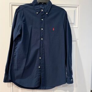 Men’s navy blue Ralph Lauren button-down, long sleeve shirt